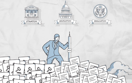 illustration of man standing on mountain of legal documents
