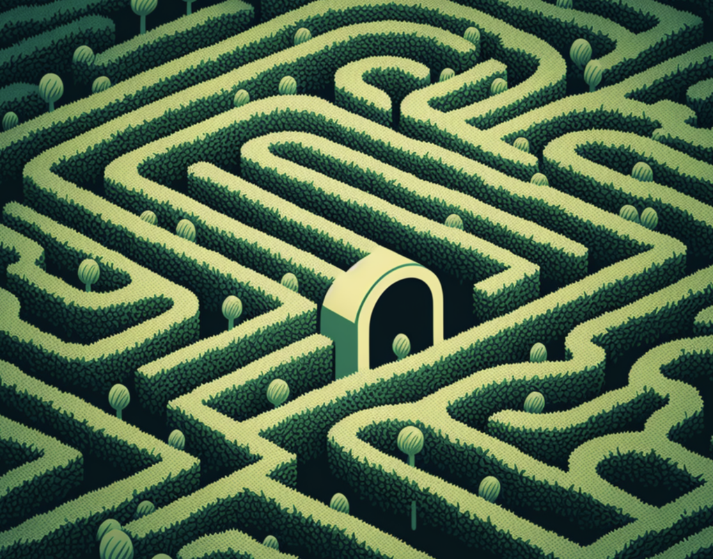 graphic illustration of a garden maze with a door in the center
