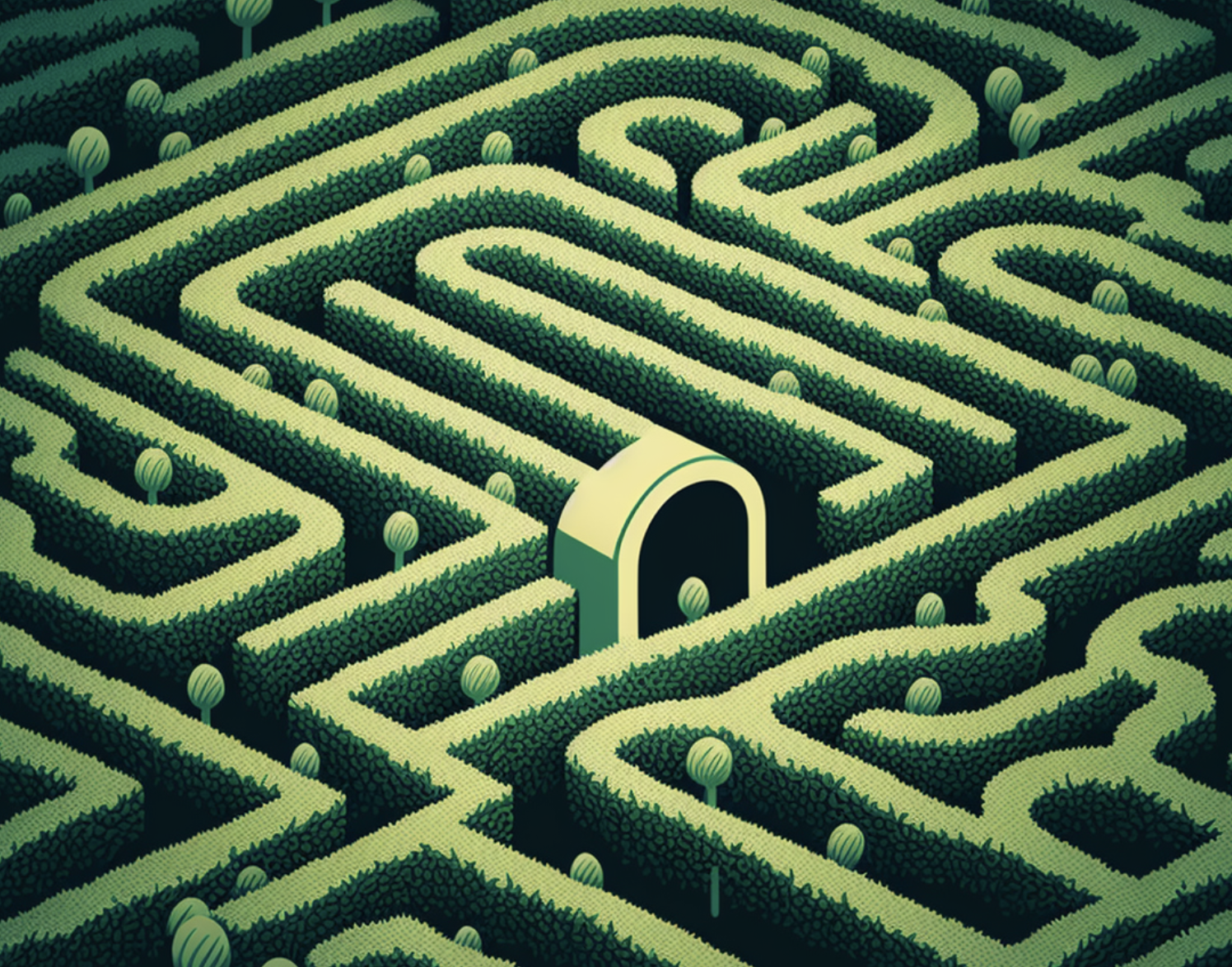 graphic illustration of a garden maze with a door in the center