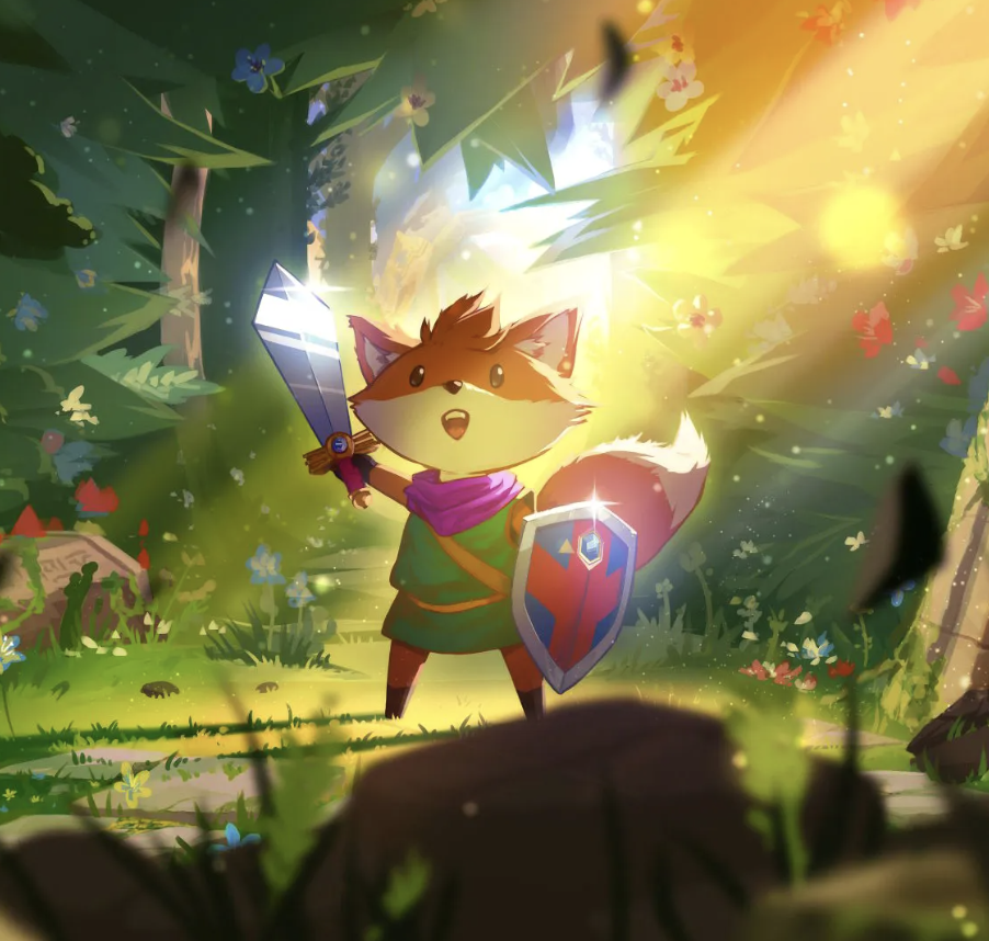 Art for the Tunic game featuring a fox character posing with a shield and sword in a colorful forest.