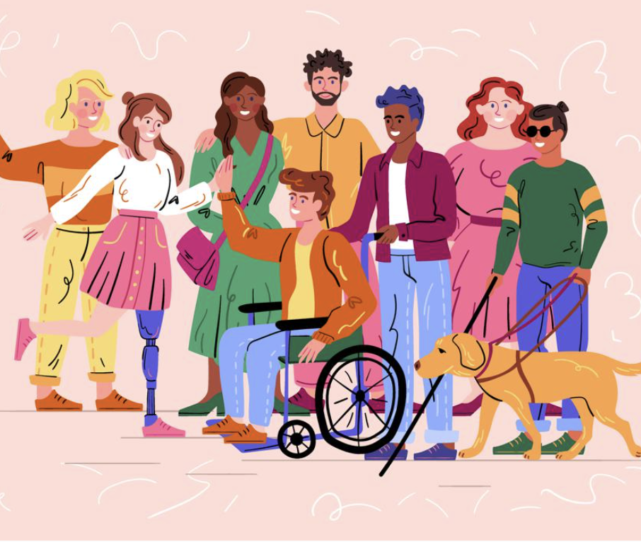graphic illustration of group of people with different ethnicities and disabilities