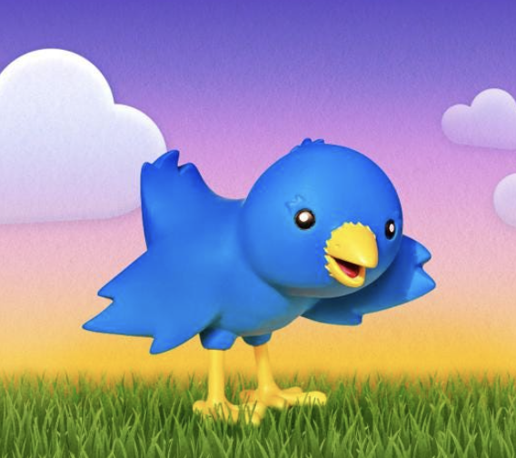 illustration of A blue animated bird stands on a patch of grass under a sunset sky.