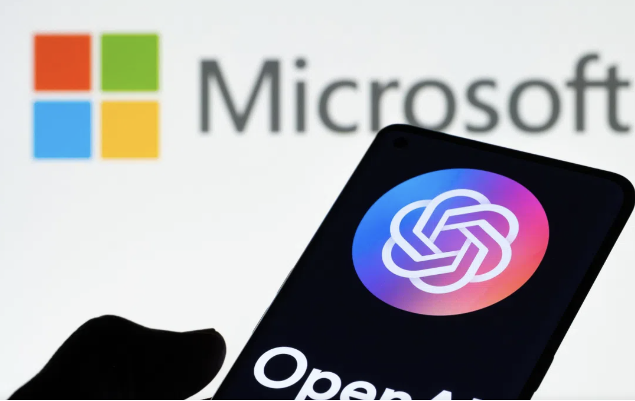 graphic of person holding smartphone reading Open AI. Microsoft logo in background