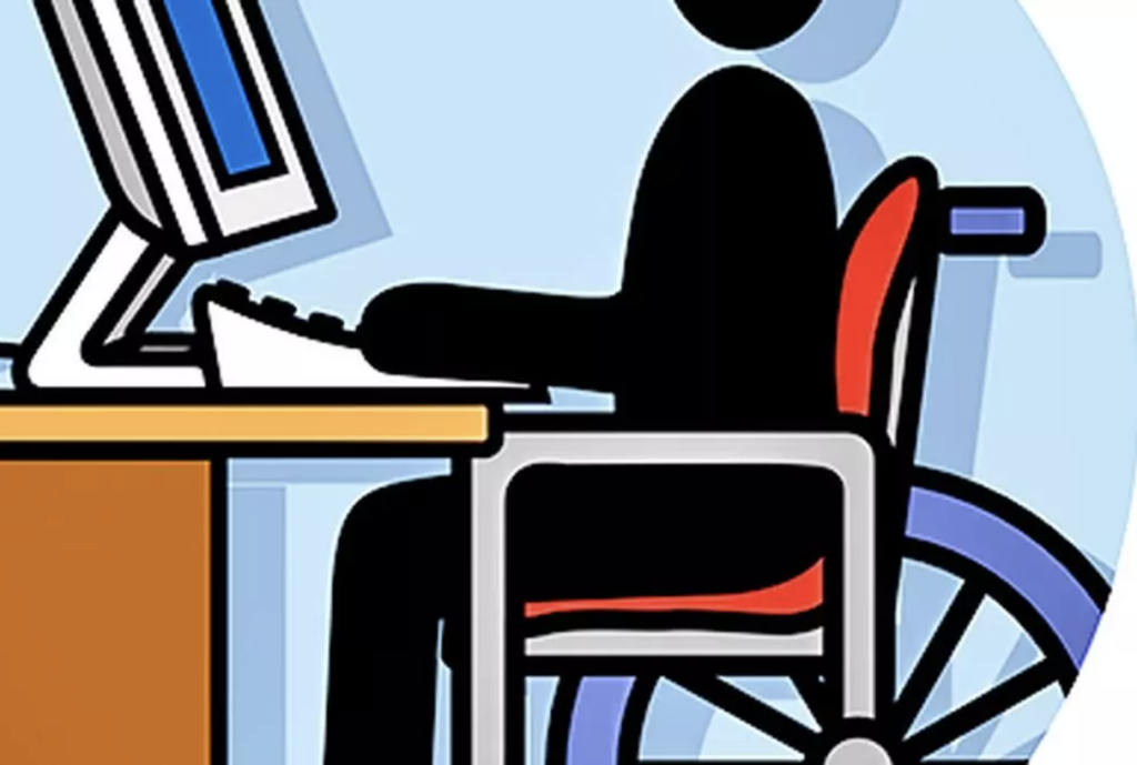 illustration of person sitting at computer desk in a wheelchair
