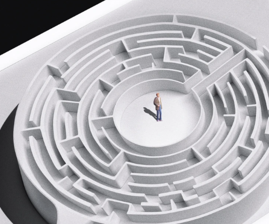 Illustration of a person standing in the center of a complicated maze