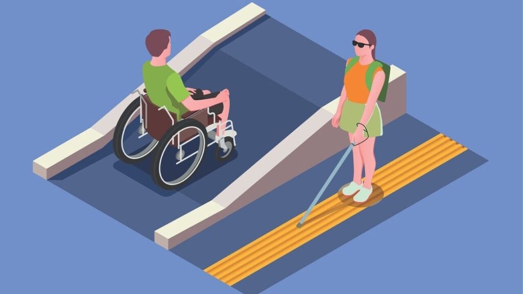 illustration of a person in wheelchair going up a ramp and a woman walking with a mobility cane
